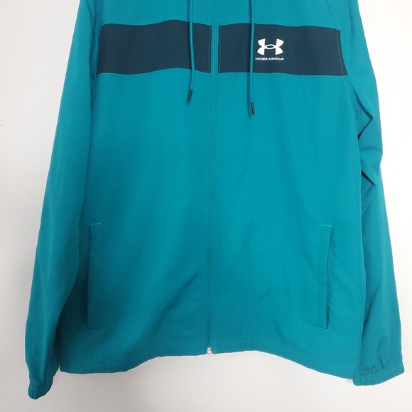 Under Armour Mens Windbreaker Size Large Teal Hooded Rain Jacket Outdoor Hiking - Picture 6 of 12